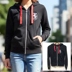 袖までオシャレ◎【PUMA FERRARI】 プーマ  フェラーリ コラボ パーカー エンブレム ロゴ ジップアップ フーディー トップス カジュアル ブランド グッズ ブラック レディース サイズ M /M39302ja