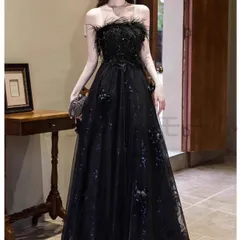 新しい未使用 ウェディングドレス オフショルダー ロングドレス - 高級感 フェザー付き ブラックドレス - パーティー 結婚式 成人式 舞台 