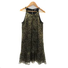ダナキャランニューヨーク DKNY ノースリーブワンピース ミニ丈 花柄 P XS ゴールド色 黒 ブラック /YK32のサムネイル