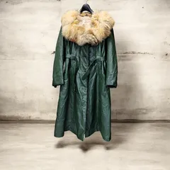 【リアルレザー】 ムートン ロングコート リアルフォックスファー襟 70s-80s 北京製革 雪礼 ヴィンテージ グランジ  本革レザー  極厚ボア 深緑 グリーンカラー フェード感 48