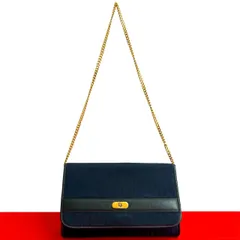極 美品 Christian Dior クリスチャンディオール ロゴ 金具 トロッター 柄 レザー 本革 キャンバス ショルダーバッグ ネイビー 52350