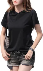 Haberry(ハベリィ) パーカー T シャツ カットソー フード 付き 無地 フーディー レディースナガソデ 秋 冬 (ブラック,  M)