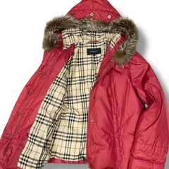 BURBERRY LONDON バーバリー 2WAY ダウンジャケット ノバチェック フォックスファー 毛皮 レッド 44 2XL相当 レディース 三陽商会