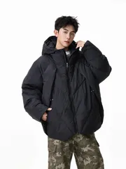 アメリカンヴィンテージ デコンストラクション フード付き パフコート ユニセックス 冬用 ハイストリート 厚手コットン 防寒性 カップル対応 潮服