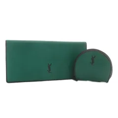 イヴサンローラン YVES SAINT LAURENT 長財布 二つ折り コインケース 小銭入れ 2点セット レザー ロゴ 型押し 緑 グリーン 黒 ブラック /XZ ■GY18