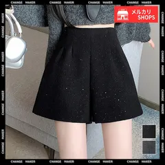 【送料無料】ラメツイード風 ショートパンツ ハイウエスト 大人可愛い Aライン ショーパン キラキラ タック 短パン 春秋冬 美脚 脚長 ミニ丈パンツ 膝上丈 ワイドショートパンツ 着やせ 韓国ファッション ウール風 新品 未使用 CH84GZYM-009