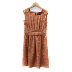 クイーンズコート QUEENS COURT ワンピース ひざ丈 ノースリーブ ラウンドネック 花柄 フリル 1 オレンジ /SY6