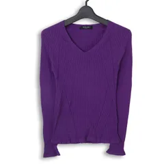 MICHEL KLEIN ミッシェルクラン 秋冬 ウール100％★ 切替 Vネック リブ ニット セーター Sz.38 レディース 紫色 パープル