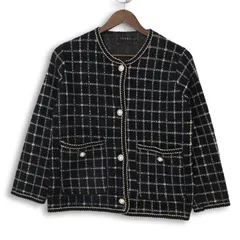 TRUBE トルベ 秋冬 パールボタン★ ツイード チェック カーディガン ノーカラー ジャケット Sz.F レディース