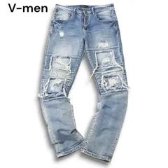 V-men ブイメン 通年 クラッシュ＆リペア加工★ ストレッチ スリム デニム パンツ ジーンズ Sz.LL メンズ 大きいサイズ