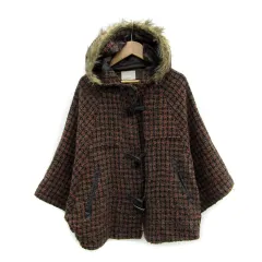 オリーブデオリーブ OLIVE des OLIVE ダッフルコート ポンチョ風コート ミドル丈 ツイード ファー マルチカラーブラック 黒 /MS7