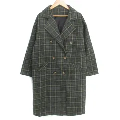 グレイル GRL チェスターコート ロング丈 ダブルボタン チェック柄 マルチカラー ウール混 F カーキ 紺 ネイビー /FF4 ■MO
