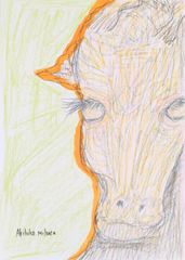 Akihiko Mihara, a Salon d'Automne-winning artist, presents his original drawing of a giraffe. This brush-and-pencil drawing, pen-and-ink drawing, line drawing, animal painting, contemporary art, small piece, painting, fine art, interior design, illustration, yellow, giraffe, animal, hand-drawn illustration, cute, suitable for a child's room.