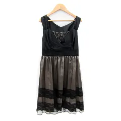 クイーンズコート QUEENS COURT パーティードレス ワンピース ひざ丈 ノースリーブ カシュクール チュール レース 2 黒 ブラック /SY48