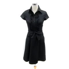 クイーンズコート QUEENS COURT シャツワンピース ひざ丈 半袖 スキッパーカラー フリル 無地 リボンベルト付き 2 黒 ブラック /SY45