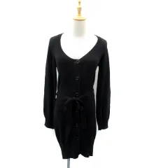 クイーンズコート QUEENS COURT ニットカーディガン ロング丈 ラウンドネック 無地 リボンベルト付 2 黒 ブラック /SY41 ■MO