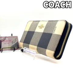 【可愛さ映える上品チェック】　COACH コーチ　長財布 ラウンドファスナー チェック柄 ゴールドロゴ PVC レザー 12カード ギャラ付き レディース　ネイビー クリーム