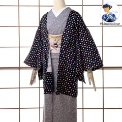 羽織 絞り 正絹 ドット ブラック 羽織紐付き ビンテージ着物 kimonolove【リユース品 一点物 オゾン消臭サービス】A-2618