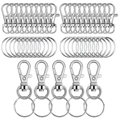 25個セット キーホルダー金具 二重リング キーホルダー 回転フック ワンタッチで取り外し 平キーリング 2連リング付き キーホルダー キーリング DIY用 手芸用品 シルバーカラー 0