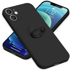ZHUAZHULE ケース 用の iPhone12 Mini アイフォン12Mini スマホケース リング付き シリコン スタンド機能 カバー 耐衝撃 レンズ保護 360°回転 車載ホルダー ストラップホール付き 滑り止め 指紋防止 薄型 （ブラック）