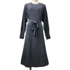 インデックス INDEX ワンピース ニット Aライン ロング ラウンドネック プルオーバー リボンベルト 透かし編み リブ 無地 長袖 M 水色 ライトブルー