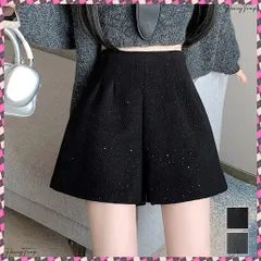 送料無料  ラメツイード風ショートパンツハイウエスト 大人可愛いAラインショーパン キラキラ タック短パン 春秋冬 美脚脚長 ミニ丈パンツ膝上丈 ワイドショートパンツ 着やせ きれいめカジュアル 韓国ファッション春 おしゃれ ウール風