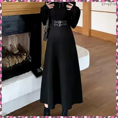 送料無料  ベルト飾りロングワンピースウエストマーク プチハイネック Aラインワンピース 大人可愛い ハイウエストフレアワンピース長袖 体型カバー 着やせワンピース黒 韓国風 お洒落ワンピ細見え きれいめワンピ春秋 インナーワンピ無地