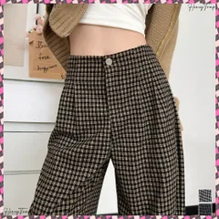 送料無料  チェック柄ワイドパンツハイウエスト 秋冬 大人可愛い ストレートパンツ 体型カバー レディース フルレングスズボン 微起毛ロングパンツ レトロ風タックパンツ中厚手 後ろゴム仕様 美脚 あったかパンツ防寒 脚長パンツゆったり