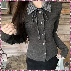 送料無料  チェックカラー リボンリブニットトップス おしゃれ チェック衿 配色ニットカットソー レディース 可愛い レイヤード風 長袖ニットカーデ きれいめ 細見えトップス リボンタイトップス 韓国風ニット着やせ ガーリーニット春秋