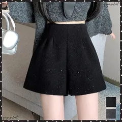  ラメツイード風ショートパンツハイウエスト 大人可愛いAラインショーパン キラキラ タック短パン 春秋冬 美脚脚長 ミニ丈パンツ膝上丈 ワイドショートパンツ 着やせ きれいめカジュアル 韓国ファッション春 おしゃれ ウール風
