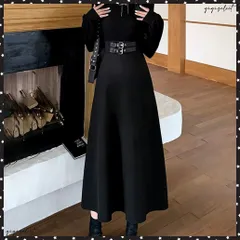  ベルト飾りロングワンピースウエストマーク プチハイネック Aラインワンピース 大人可愛い ハイウエストフレアワンピース長袖 体型カバー 着やせワンピース黒 韓国風 お洒落ワンピ細見え きれいめワンピ春秋 インナーワンピ無地