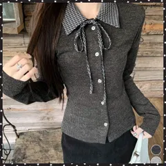  チェックカラー リボンリブニットトップス おしゃれ チェック衿 配色ニットカットソー レディース 可愛い レイヤード風 長袖ニットカーデ きれいめ 細見えトップス リボンタイトップス 韓国風ニット着やせ ガーリーニット春秋
