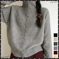  くるみボタンハイネックニットカーディガン レディース ニット羽織り 2way タートルネックニットトップス 折り襟ニットセーター春秋冬 暖かいスタンドカラーニット 着やせ羽織り韓国風 前開きニット 無地 あったか長袖ニット