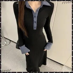  ポロ衿ロングワンピースハーフボタンワンピ レディース リブニットワンピ 長袖タイトワンピース 大人カジュアル 配色スリムワンピース 襟付きボディコンワンピ 韓国風 細見え ワンピース 秋冬インナーワンピ 着回しワンピース黒のサムネイル
