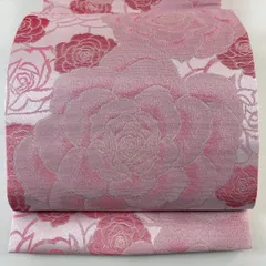 袋帯 優品 薔薇 金糸 ピンク 全通 化繊 【中古】