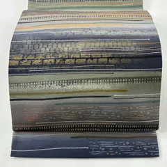 【美品】 袋帯 逸品 落款 牛首紬地 縞 幾何学 金彩 灰緑 全通 正絹 【中古】