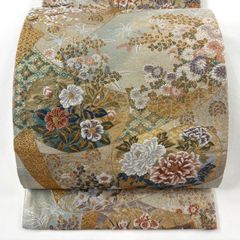 美品】 名古屋帯 優品 関西仕立て 華文 金糸 箔 茶紫 正絹 【中古