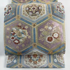 【美品】 袋帯 秀品 亀甲 花鳥 金糸 箔 青灰色 六通 正絹 【中古】