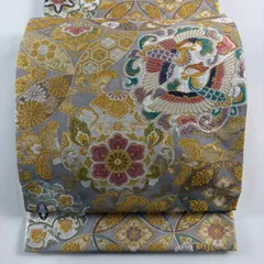 【美品】 袋帯 秀品 七宝取双鳥文 蝶 箔 唐織 灰色 六通 正絹 【中古】