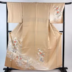 【美品】 訪問着 身丈159cm 裄丈67cm M 袷 菊 破れ色紙 金銀彩 ぼかし 薄茶色 正絹 秀品 【中古】