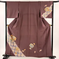 付下げ 身丈160.5cm 裄丈64cm M 袷 糸巻き 花唐草 金彩 小豆色 正絹 秀品 【中古】