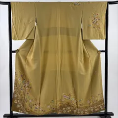 【美品】 訪問着 身丈155cm 裄丈64cm M 袷 翠山工房 落款 辻が花 花唐草 金彩 ぼかし 黄土色 正絹 名品 【中古】