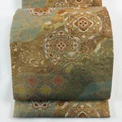 【美品】 袋帯 秀品 やまと 華文 花唐草 箔 金糸 灰緑 六通 正絹 【中古】
