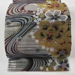 【美品】 袋帯 秀品 献上さくら 桜 流水 金糸 箔 灰色 六通 正絹 【中古】