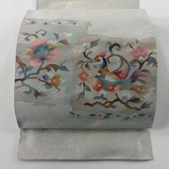 名古屋帯 秀品 八寸名古屋帯 松葉仕立て トンネル仕立て 草花 鳥 金銀糸 白 正絹 【中古】