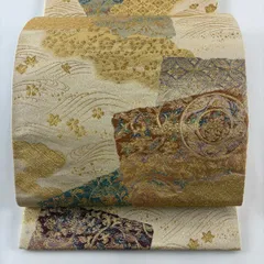 袋帯 秀品 草花 雲文 金糸 箔 金色 六通 正絹 【中古】