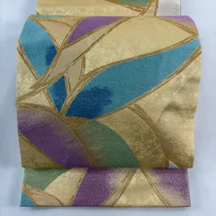 【美品】 袋帯 秀品 花振舞 長尺織 西陣 RIVERSIBLE 花 金糸 箔 黄色 六通 正絹 【中古】
