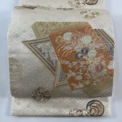 袋帯 秀品 冊子 草花 箔 唐織 ベージュ 六通 正絹 【中古】
