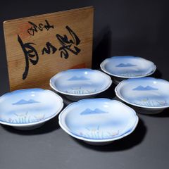 A1354-6/蕗窯/小松華功/染付吹墨皿6客/共箱/飾皿/銘々皿/盛皿/菓子皿