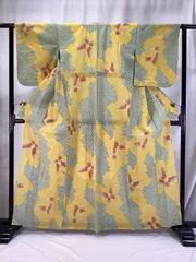 浴衣/ゆかた/美品/絞り/綿/黄×グリーン/蝶/仕立上がり/適応身長149～153㎝/11855
